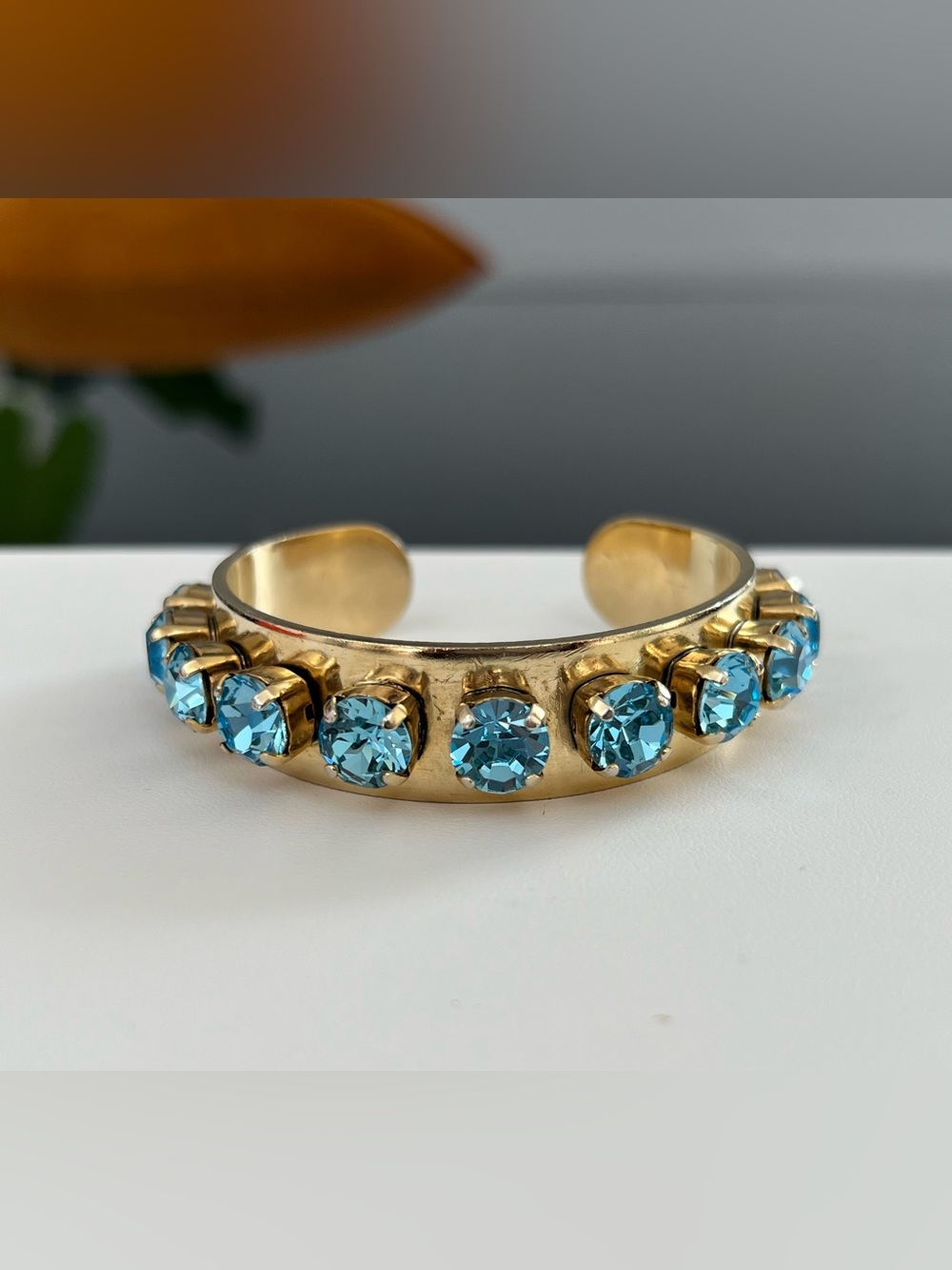 TOVA Nyon Bracelet Aqua Blue Crystal Adjustable Gold Tone Cuff
